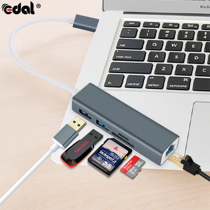 5 в 1 USB-C концентратор из алюминиевого сплава Type-C адаптер с RJ45 Ethernet портом USB 3 0 SD/TF