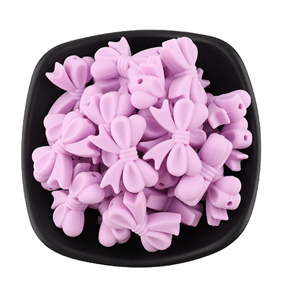 Candy Purple Bow CHEWELRY 10 шт. детский силиконовый Прорезыватель для зубов из пищевого силикона, мини Силиконовый бант, маленький Прорезыватель для зубов из пищевого силикона, отверстия DIY Beads 2 см без БФА, силиконовый бисер - Цвет: Candy Purple Bow