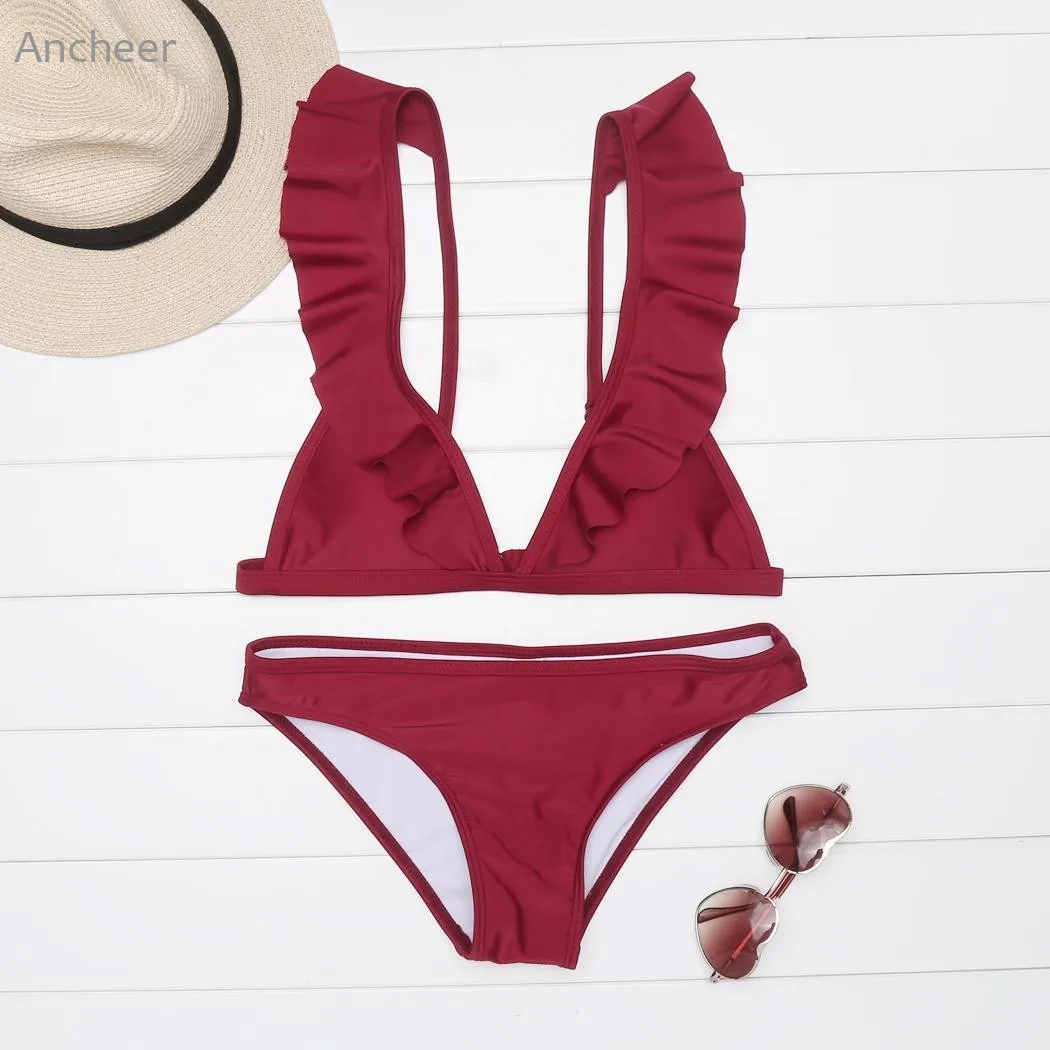 New Brand Women Sexy V-Neck Spaghetti Strap Ruffles Solid Backless Swimsuit Split Bikini For Woman | Спорт и развлечения