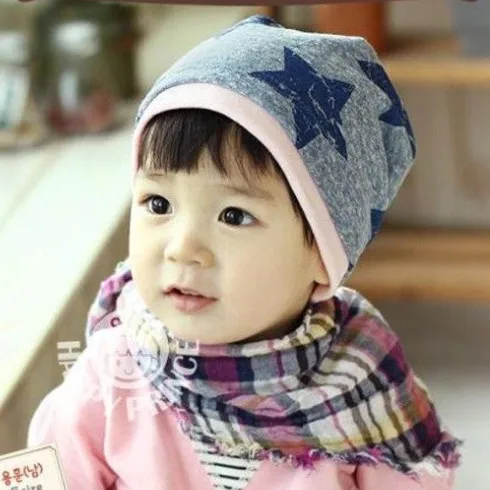 2017 New Cute Stars Printed Baby Boy Hat Double Layer Beanies Infantil Pink Gray Cap Born Photography HT52028+40 | Аксессуары для