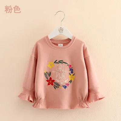 Розовый Autumn Spring Fashion Cute 2 3 4 5 6 7 8 9 10 Years Children Flower Letter Flare Trumpet Sleeve Kids Baby Girl Sweatshirts - Цвет: Розовый