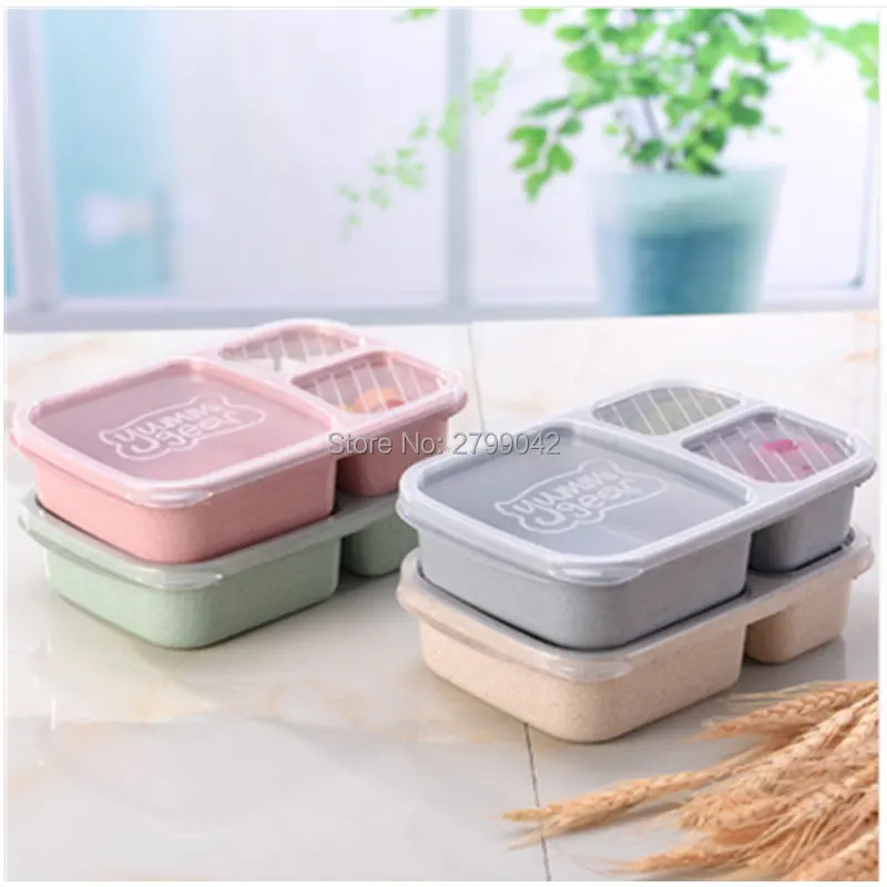 Ланч пшеничной соломы Bento Box 3 сетки с крышкой контейнер для микроволновой печи