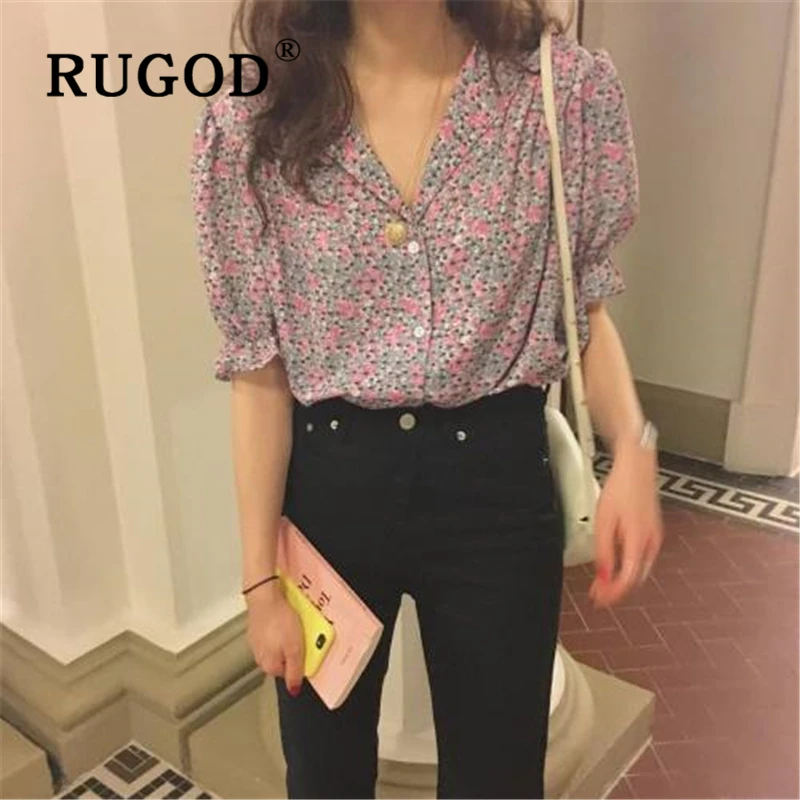 RUGOD элегантная шифоновая женская блузка с принтом корейские шикарные рукава-клеш