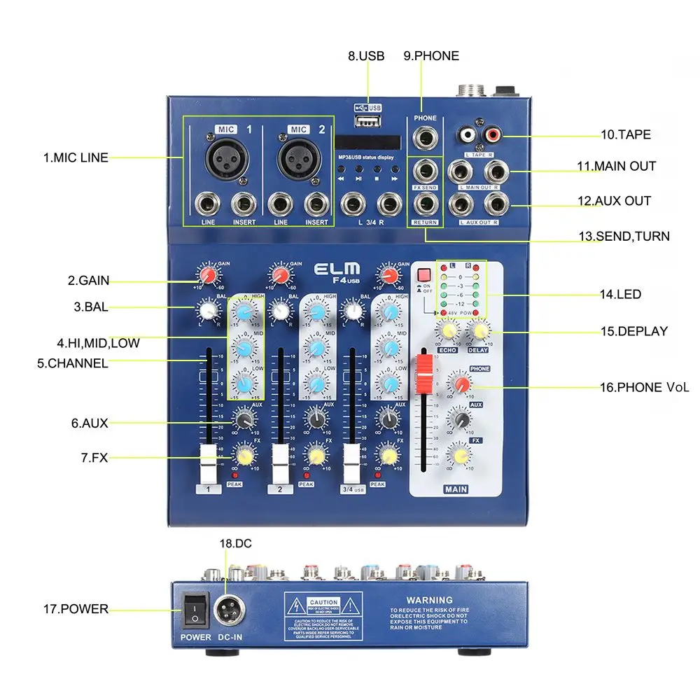 Профессиональный F4-USB цифровой DJ микшерный пульт 3 канальный аудио микшерный пульт с 48В Мощность XLR Сделано в Китае для Запись караоке