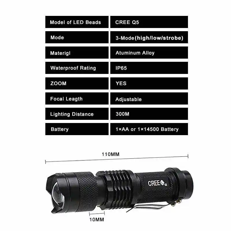 Zoom Mini CREE Q5 фонарик 600 люмен светодиодный фонарь AA 14500 светодиодный тактический фонарь с охотничьим lante luz