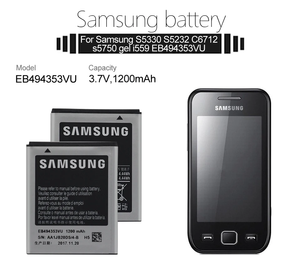 Samsung Замена телефон Батарея EB494353VU 1200 мА-ч для samsung S5232 S5330 C6712 S5750 GT-S5570 i559 S5570 натуральная Батарея