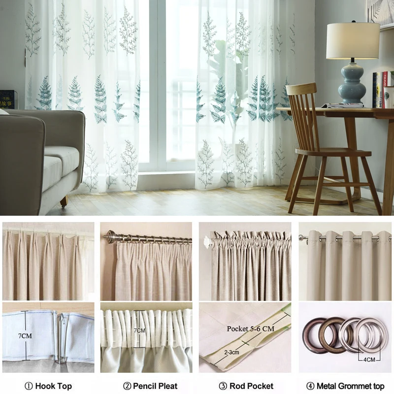 Pine leaves embroidered Simple Window Linen Curtains for Bedroom Living Room Sheer Voile Drapes Custom Made | Дом и сад