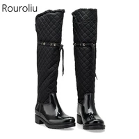 rouroliu women rubber patchwork rain boots square heels over knee winter warm fur rainboots water shoes woman tr219