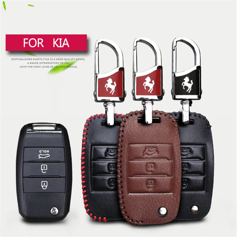 Genuine Leather Car Remote Key Cover Case Keyring For Kia Ceed Rio K2 Picanto Soul Sportage 3 K3 Cerato 2017 Key Chain Case Bag