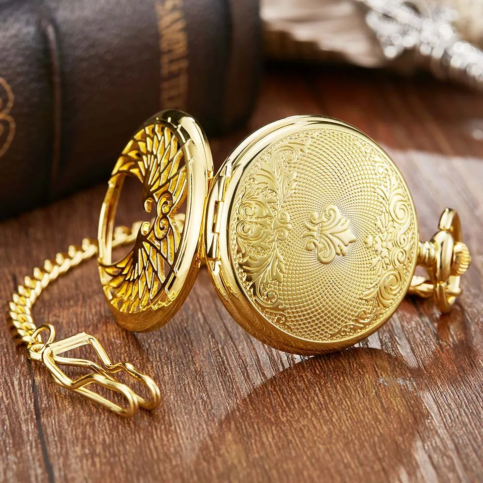 Luxury Golden Love Wings Mechanical Pocket Watch Men Women Fob Chain Unique Hollow Design Skeleton Double Side Hand Wind Watches