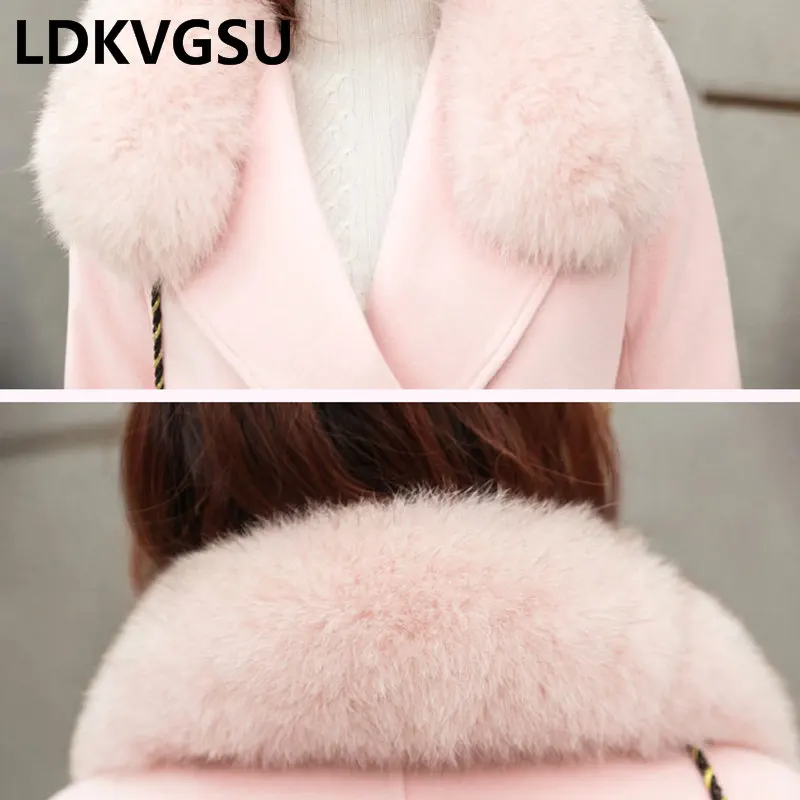 

Woolen Coat Female 2018 Autumn Winter New Double Breasted With Belt Faux Fur Collar Detachable Women Solid Long Wool Coat Is1089