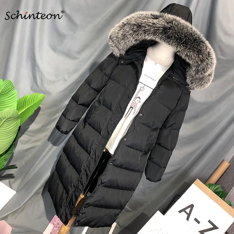 2018 Schinteon женский длинный пуховик с 100% натуральный мех лисы воротником и капюшоном