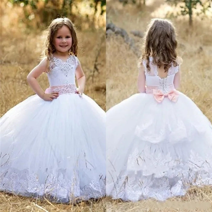 

Flower Girl Dresses Sheer Neck Lace Appliques Kids Formal Wear Child Pageant Gowns Communion Dress