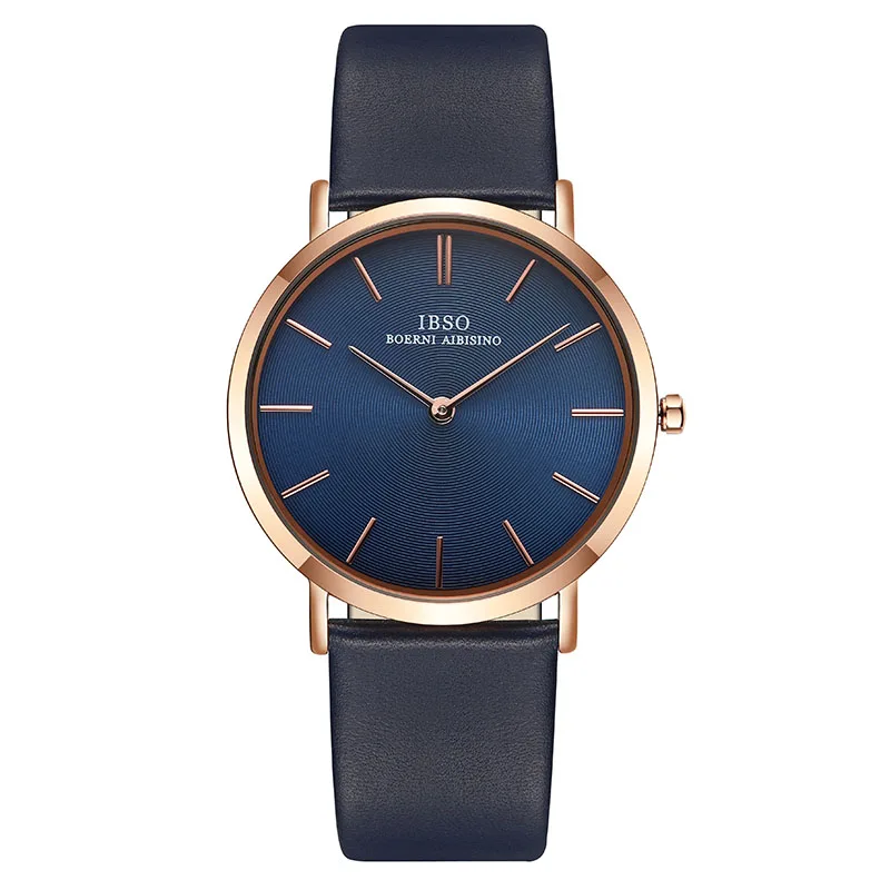 Blue Rose Gold IBSO Лидирующий бренд мужские наручные часы ультра-тонкие кварцевые простые черные повседневные мужские часы с кожаным ремешком наручные часы - Цвет: Blue Rose Gold