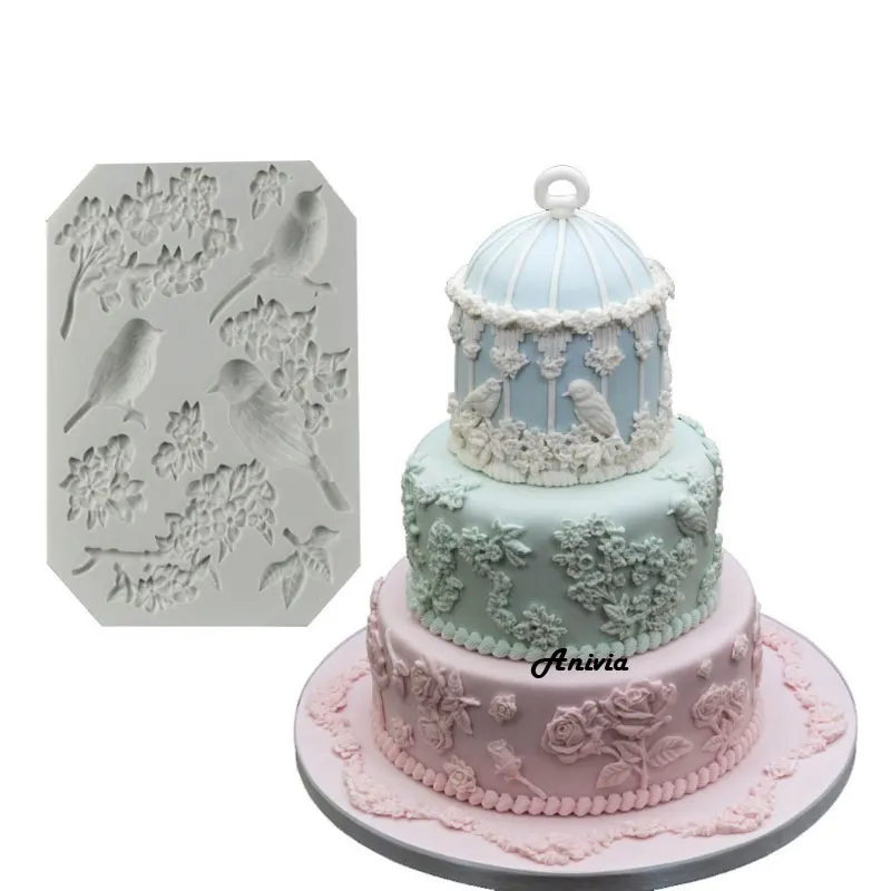 Силиконовая форма для украшения тортов стебли розы птицы и цветы|silicone mold|gumpaste