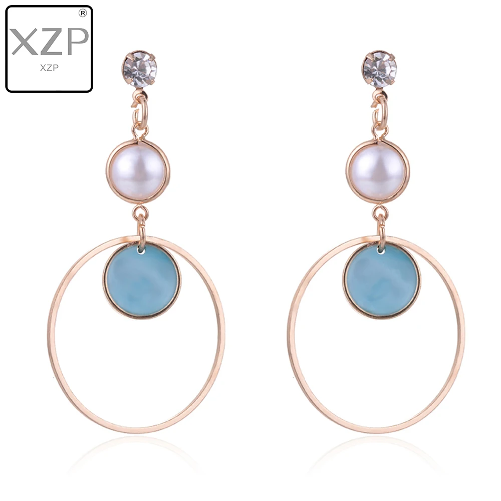 Женские Геометрические серьги XZP длинные с синими эмалированными стразами и