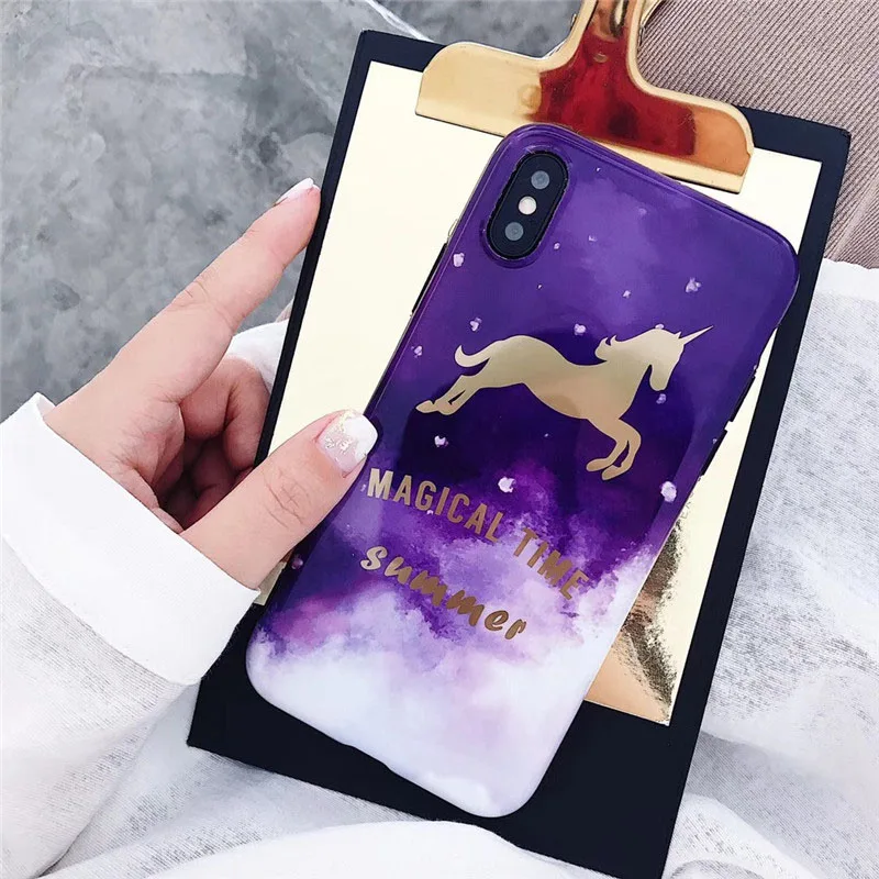 Unicorn Plated Glossy Phone Case For Apple iphone 7 8 X 6 Plus Soft Smooth Patterned Rendering Plastic Black Edge Cover Coque |