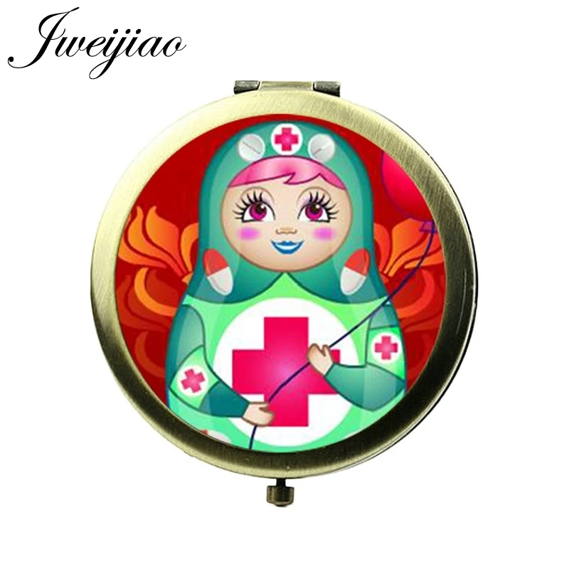 JWEIJIAO Россия Матрешка фото стекло кабошон карманное зеркало русская кукла для девочек винтажные бронзовые круглые компактные зеркала для макияжа