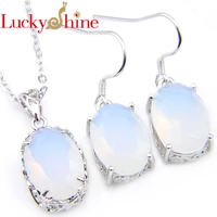 luckyshine new year gift silver plated sets fire moonstone crystal earring pendants necklaces women wedding jewelry sets