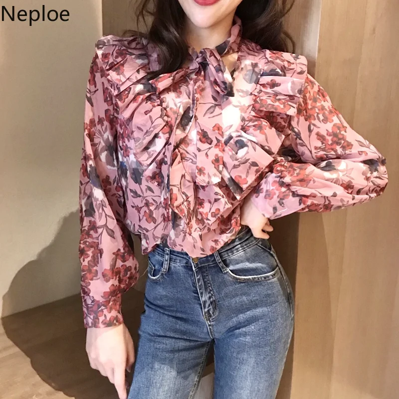 Nepole 2019 Цветочный принт с длинным рукавом Шифоновая Блузка оборками Милая девушка