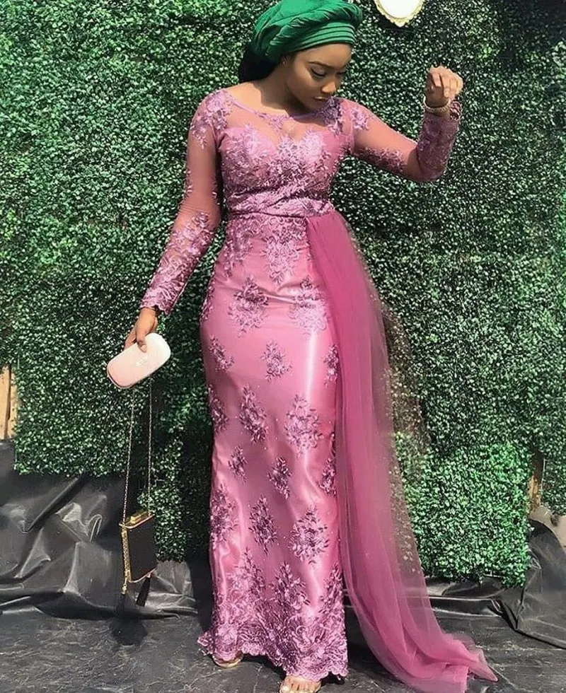 2019 Aso Ebi фуксия кружевные платья с юбкой-годе для выпускного вечера тюлем