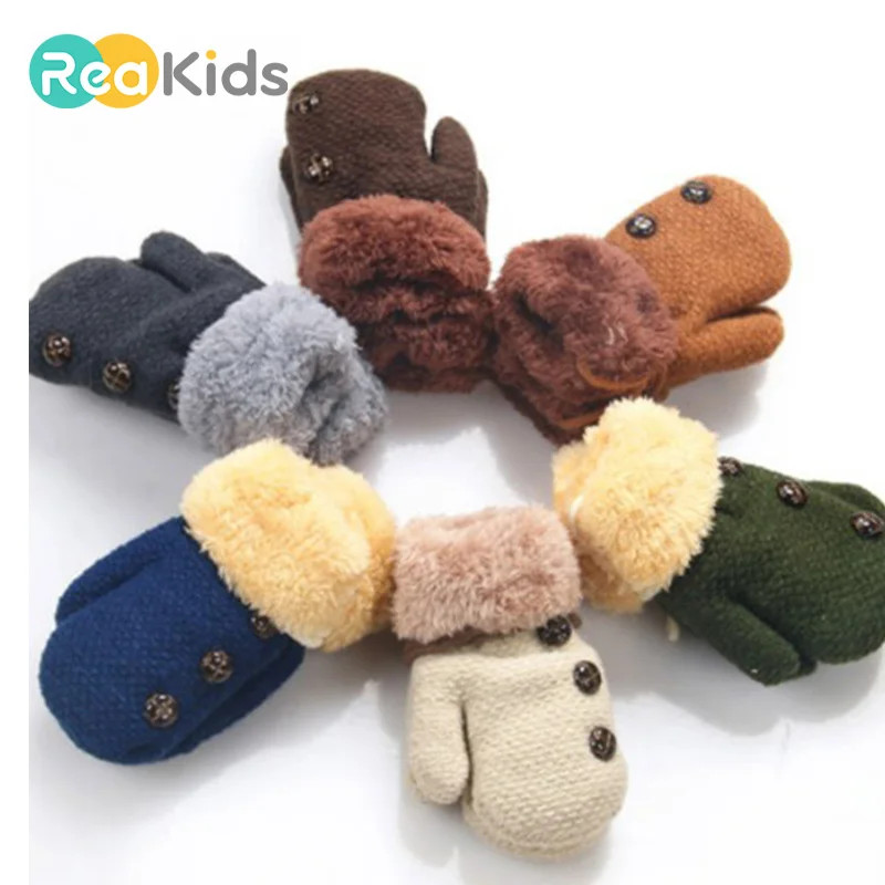 Зимние перчатки REAKIDS для маленьких мальчиков и девочек, детские варежки на полный палец, теплые акриловые варежки на веревке, детские вязаные однотонные варежки на пуговицах