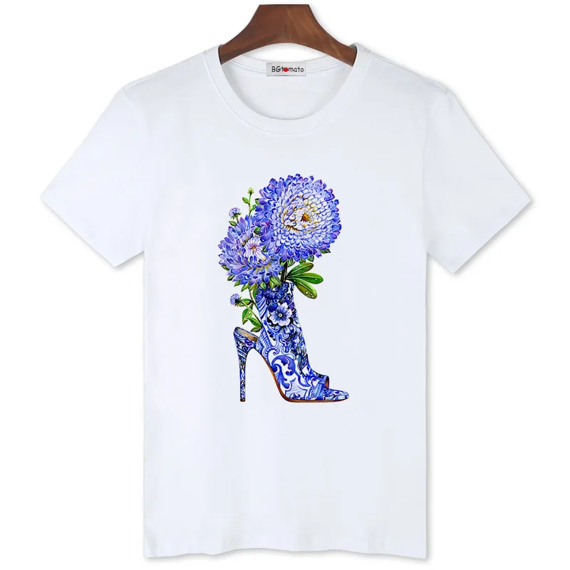 

BGtomato blue flowers high heel print elegant tshirt super cool funny tops for men cheap sale brand new casual t-shirt