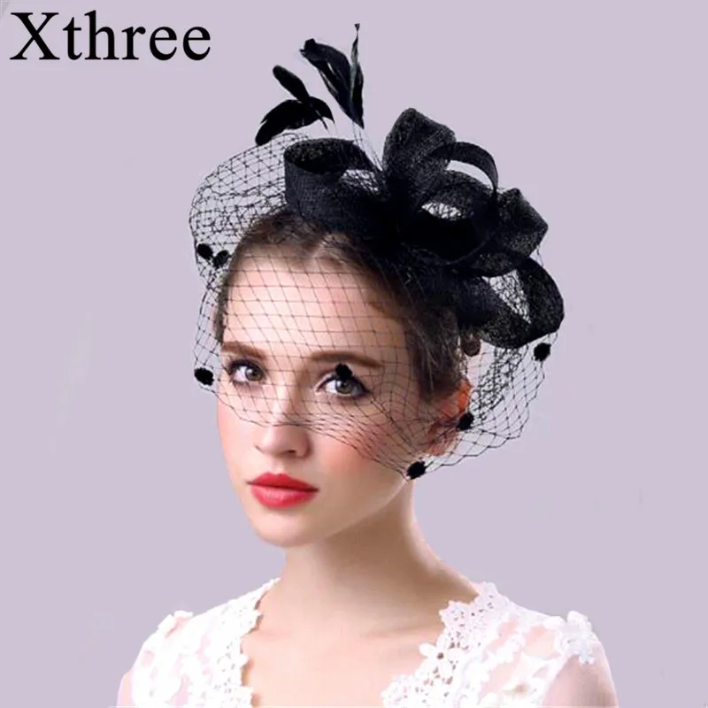 

Xthree fashion Cambric party hat Banquet hats for women Ostrich fur Fedora hat Wedding Hat