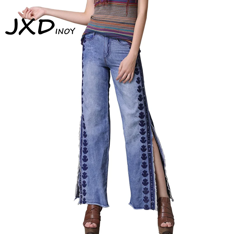 JXDINOY 2018 Vintage embroidery Apparel Women Jeans Split Beading Wide Leg Straight Denim Pants Pantalon Femme |