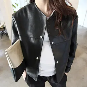 Женская одежда тонкая, короткая женская кожаная куртка, пальто из искусственной кожи с длинными рукавами для колледжа, свободная куртка из искусственной кожи