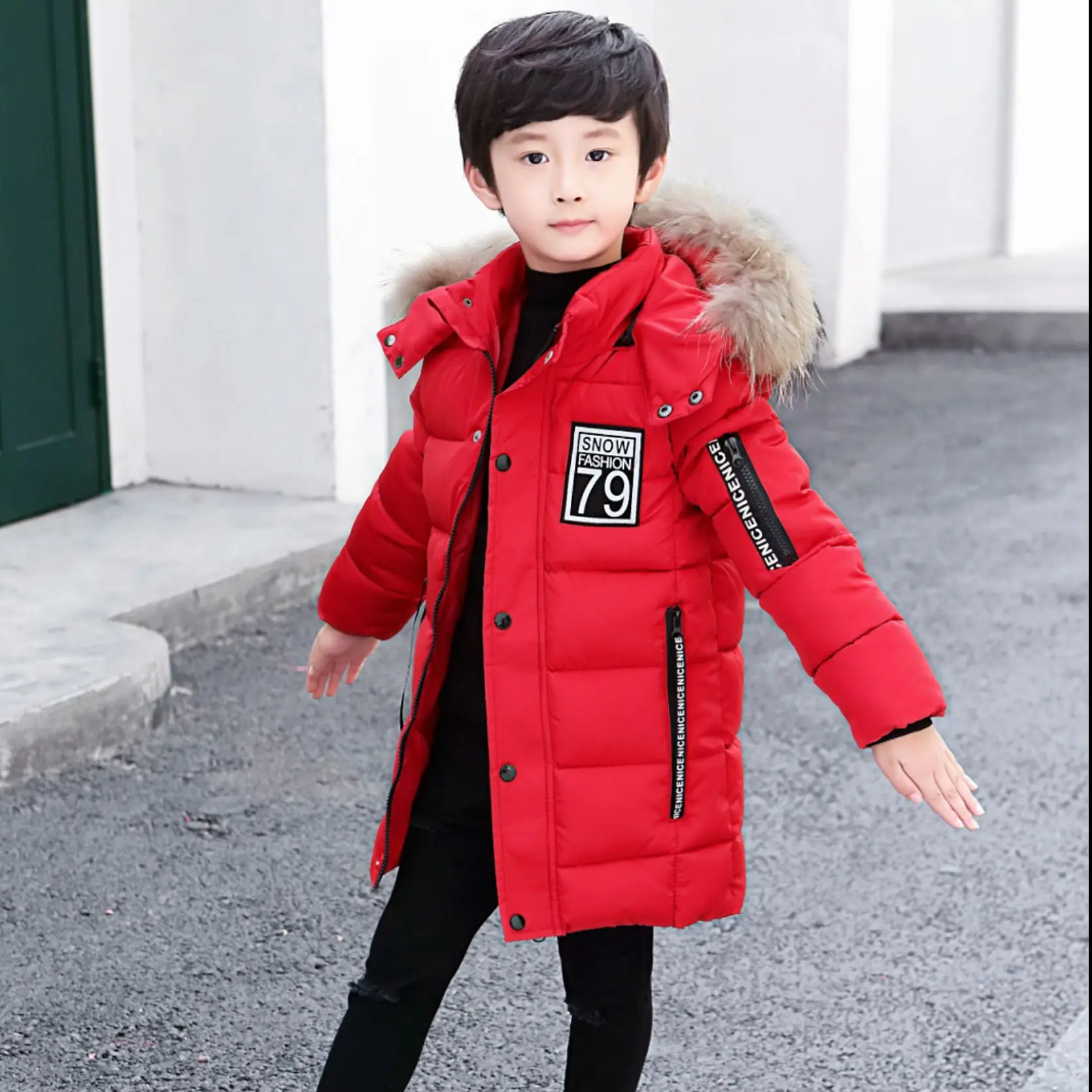 INS hot boys winter coat 4-15 years old long hooeded parka thick cotton coat warm windbreaker Hand stuffed cotton coat letters - Цвет: wine red