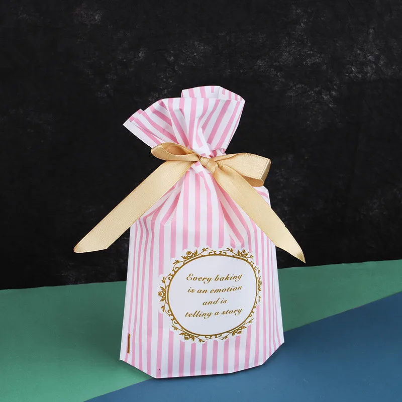 Pink Stripe LBSISI Life 10 шт. пластиковый мешок на шнурке с лентой для печенья, закусок, конфет, сумки для дня рождения, свадебного декора, подарочные пакеты - Цвет: Pink Stripe