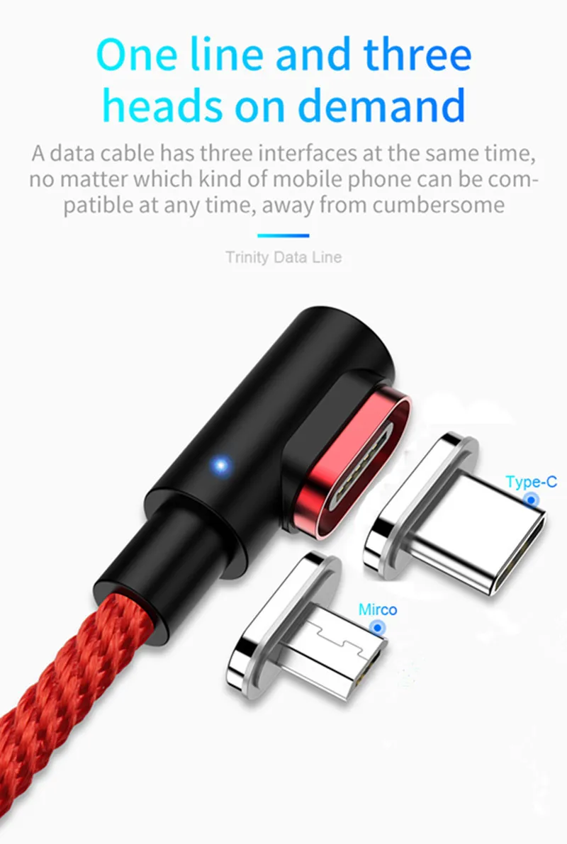 90 градусов Магнитный кабель для быстрой зарядки Micro USB для iPhone X XS XR 7 8 samsung просо type C USB кабель светодиодный магнитный кабель для зарядки