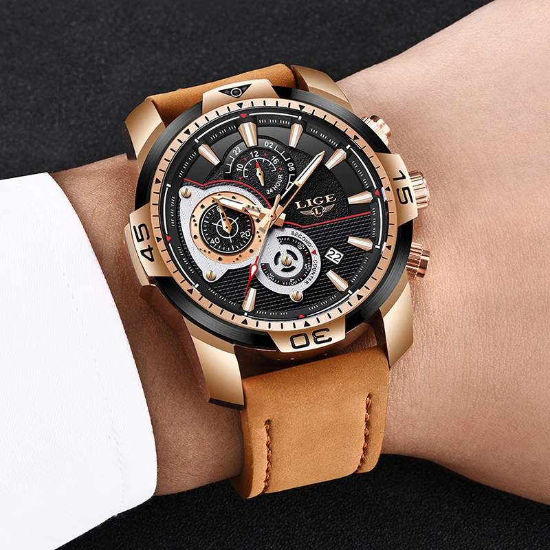 2022 LIGE Mens Watches Top Brand Luxury Casual Leather Quartz Clock Male Sport Waterproof Watch Gold Watch Men Relogio Masculino