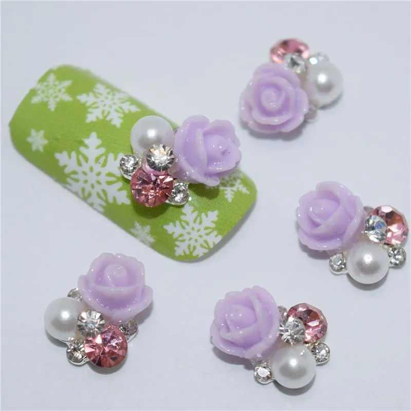 10Pcs new pink glitter purple roses 3D Metal Alloy Nail Art Decoration/Charms/Studs Nails 3d Jewelry #120 | Красота и здоровье