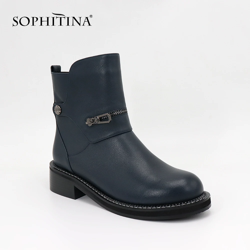 SOPHITINA/женские ботинки из коровьей кожи; ботильоны на молнии с круглым носком на квадратном каблуке; с металлическим украшением; износостойкая нескользящая обувь; ML25