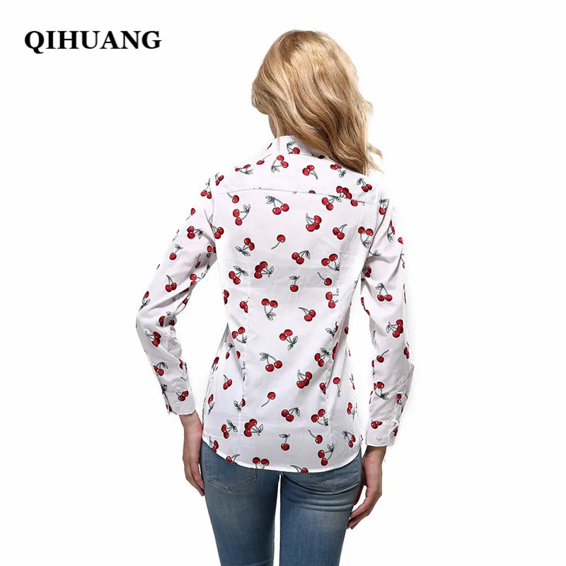 QIHUANG 2019 Fashion Women Blouse Cotton Cherry Print Long Sleeve Whiter Shirt Plus Size 5XL Tops and Blouses Streetwear | Женская