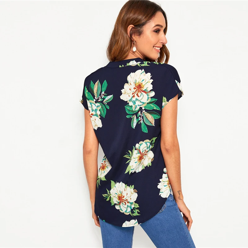 SHEIN модная женская блузка с v-образным вырезом и цветочным принтом, женская летняя Повседневная Блузка в стиле бохо с асимметричным подолом, Женские топы и блузки