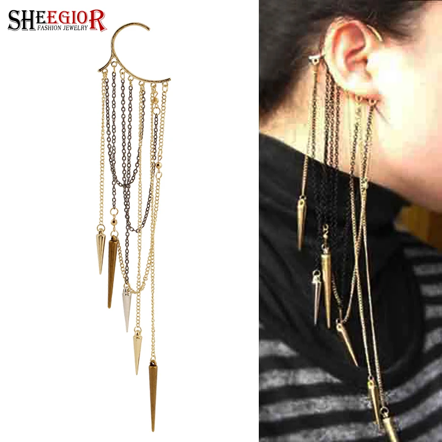 

Boho Vintage Ear Hook Clip Earrings for Women Lovely Bronze Rivet Pendant Long Tassel Ear Cuff Earrings Fashion Friendship Gifts