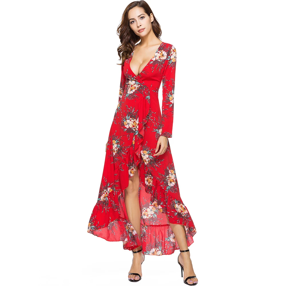 Для женщин Лето boho пляжное длинное платье пикантные модные глубокий v-образным