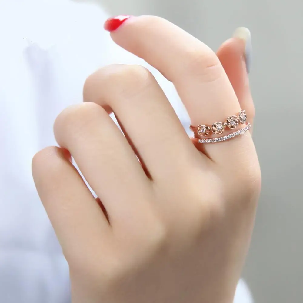 Многослойное женское циркониевое кольцо Bague Ringen регулируемое Золотое и розовое |