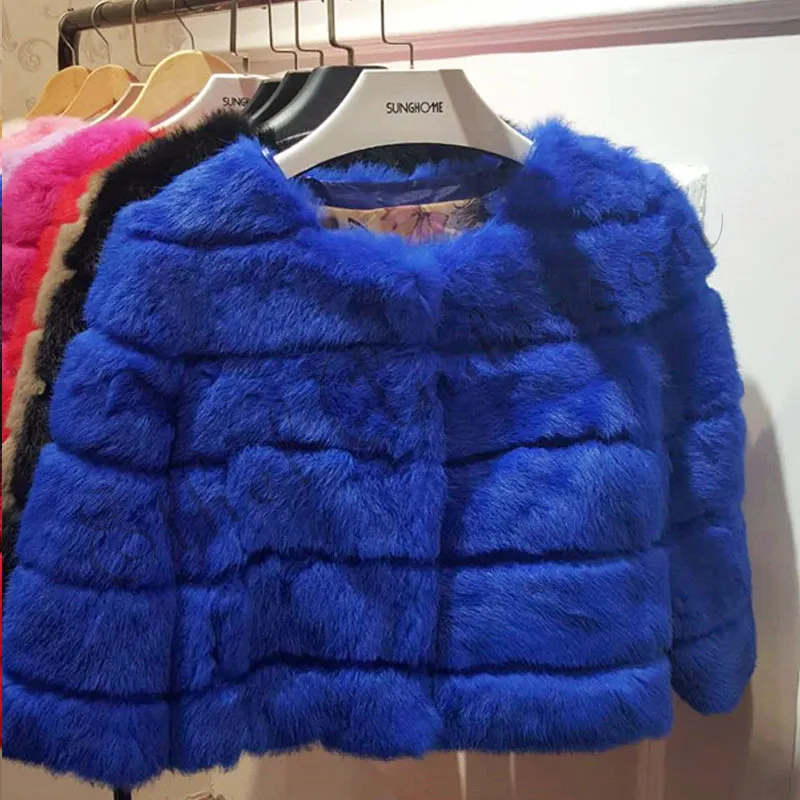 5 Royal Blue Женское пальто из натурального кроличьего меха с рукавом 3/4, короткая куртка, офисное пальто для леди - Цвет: 5 Royal Blue