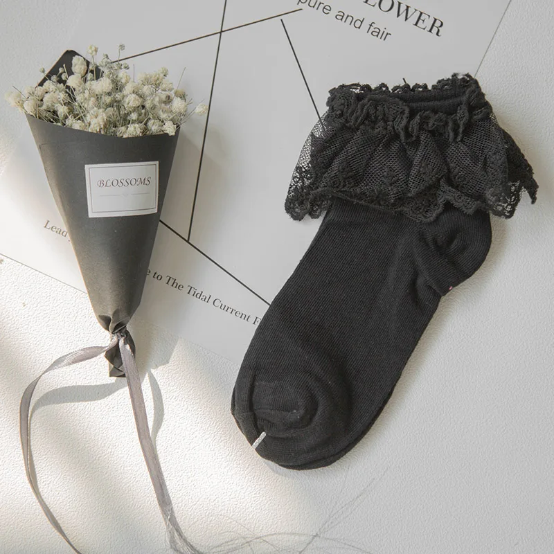 Socks Black Модные женские Кружевные Гофрированные короткие носки с оборками для девочек Harajuku милые винтажные Ретро цветочные женские белые носки принцессы для свадебных танцев - Цвет: Socks Black