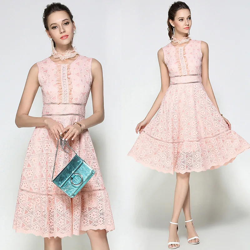 

High Quality New Women Beach casual Sleeveless Casula Cute Dresses Lady Patchwork Lace Hollow Party Dress 3301