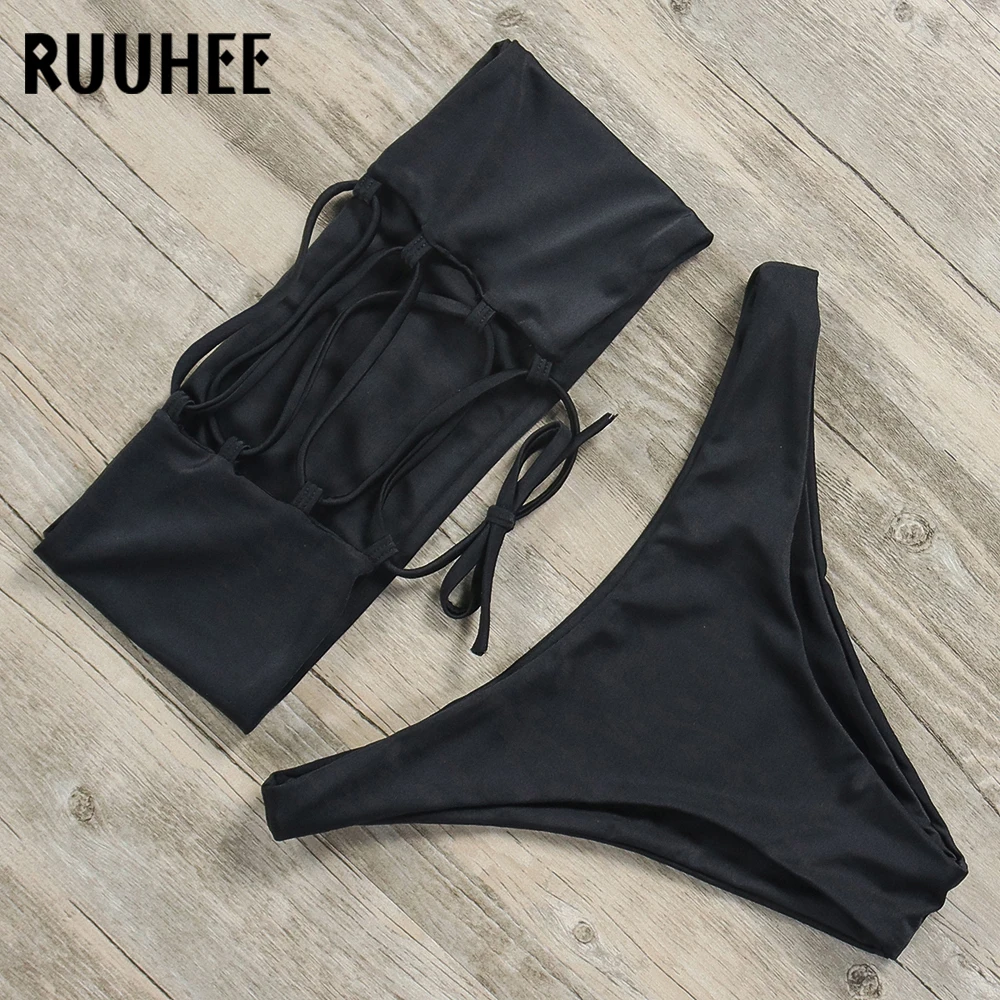 Женский купальник бикини RUUHEE однотонный бандо с ремешком на спине для