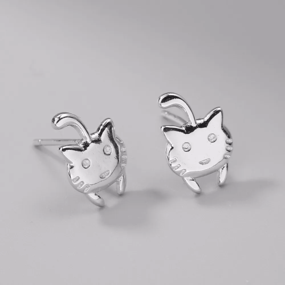 Kinitial Cute Cat Tail Gatos Studs Earrings 925 Sterling Silver Lovely Kitty Stud Earring Jewelry Women Child Best Gift | Украшения и