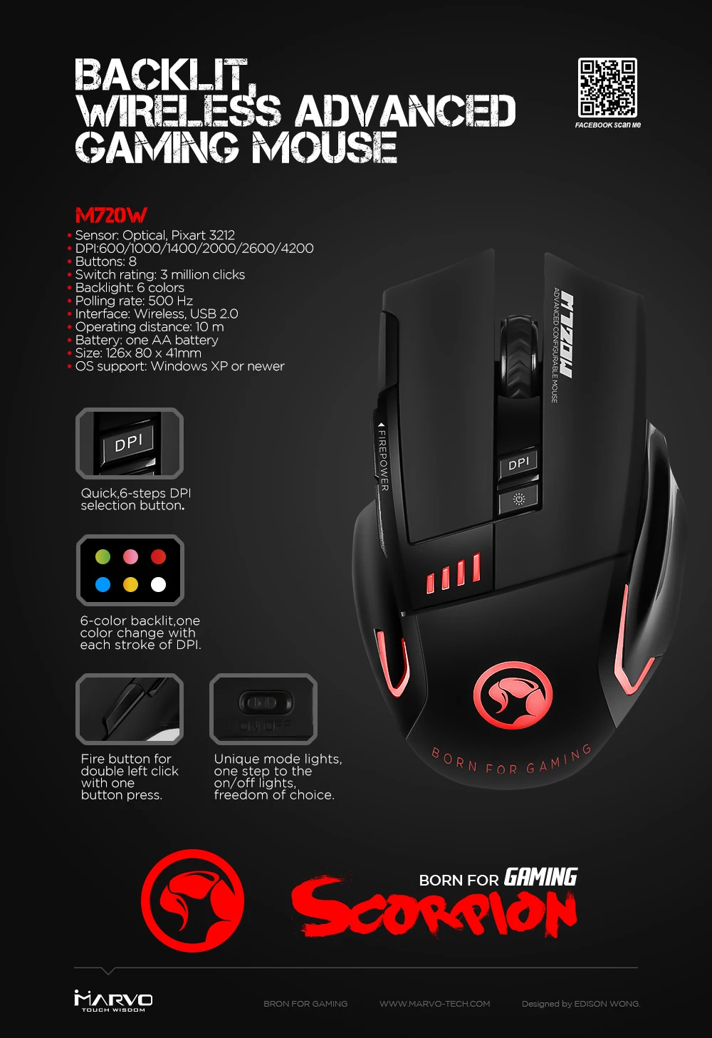 

MARVO M720W Gaming Mouse , 8 Button LED Light Wireless Mouse, Ajustable DPI Optical Ergonomic USB Mice For PC/Laptops/Computer