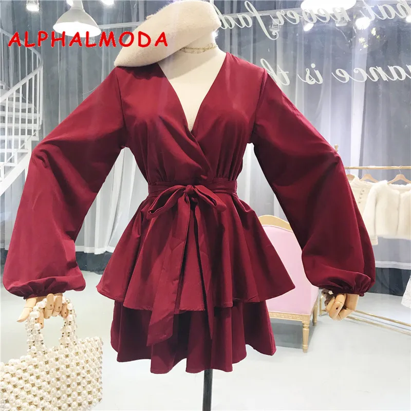 

ALPHALMODA 2018 Autumn Long-sleeved Bow Sashes Playsuits Solid Color Deep V-neck Slim Ruffled Women's Fashion Jumpsuits Rompers