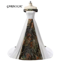2019 new real pictures off shoulder white satin camouflage wedding dresses 2019 camo plus size bridal gown court train