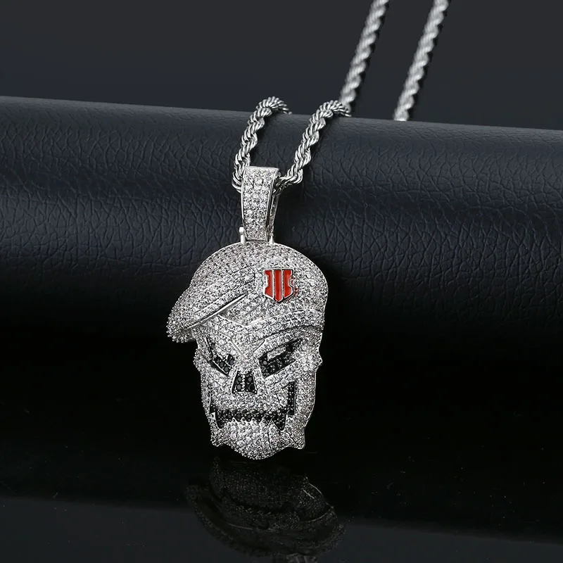 JINAO AAA Micro Pave черный Ops кулон череп скелет ожерелья кубический циркон льдом цепи
